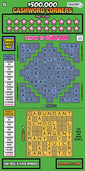 $500,000 CASHWORD CORNERS scratch-off ticket