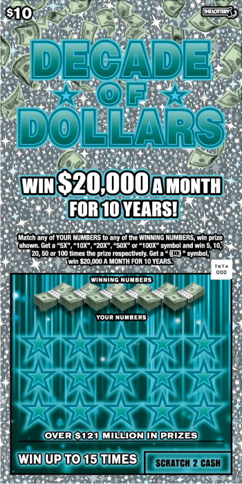 $10 DECADE OF DOLLARS scratch-off ticket