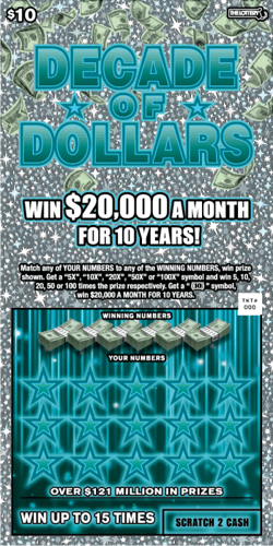 $10 DECADE OF DOLLARS scratch-off ticket