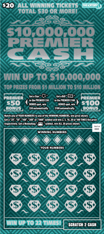 $10,000,000 PREMIER CASH scratch-off ticket