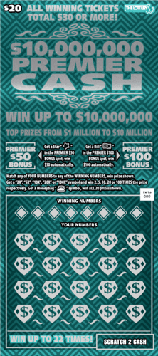 $10,000,000 PREMIER CASH scratch-off ticket