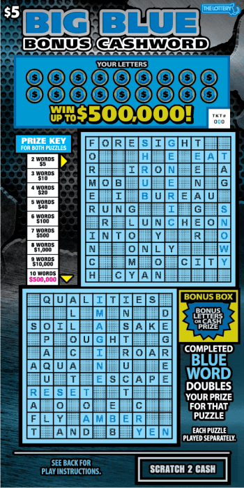 BIG BLUE BONUS CASHWORD scratch-off ticket