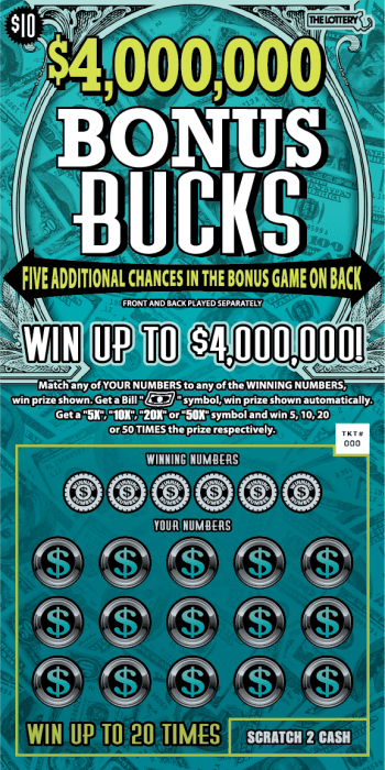 $4,000,000 BONUS BUCKS scratch-off ticket