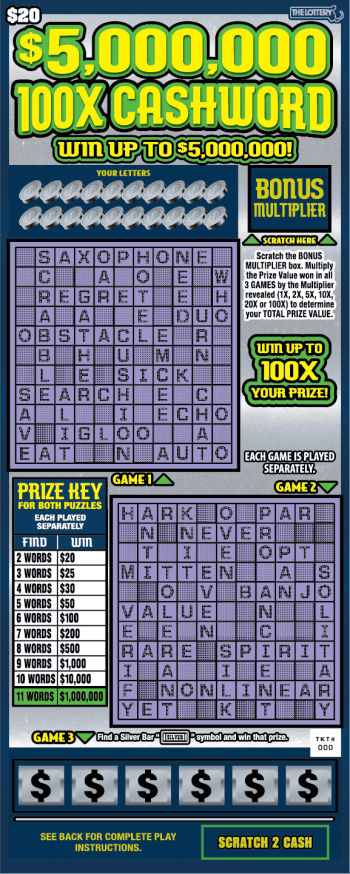 $5,000,000 100X CASHWORD 2024 scratch-off ticket