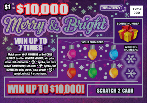 $10,000 MERRY & BRIGHT scratch-off ticket