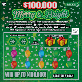 $100,000 MERRY & BRIGHT scratch-off ticket