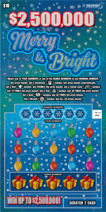 $2,500,000 MERRY & BRIGHT scratch-off ticket