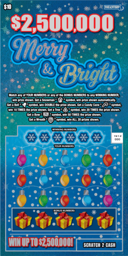 $2,500,000 MERRY & BRIGHT scratch-off ticket