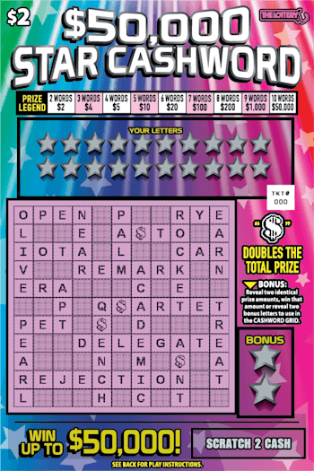 $50,000 Star Cashword scratch-off ticket