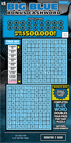 Big Blue Bonus Cashword 2025 scratch-off ticket