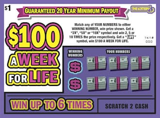 $100 A WEEK FOR LIFE scratch-off ticket