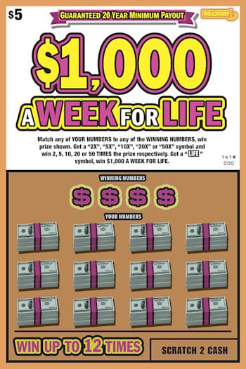 $1,000 A WEEK FOR LIFE scratch-off ticket