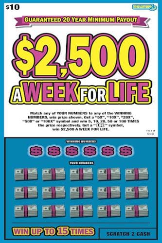 $2,500 A WEEK FOR LIFE scratch-off ticket