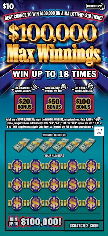 $100,000 MAX WINNINGS scratch-off ticket