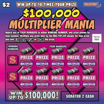 $100,000 MULTIPLIER MANIA scratch-off ticket