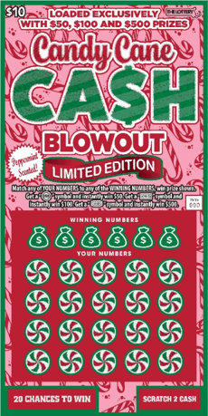 Candy Cane Cash Blowout scratch-off ticket