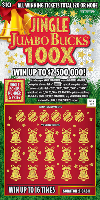 JINGLE JUMBO BUCKS 100X scratch-off ticket