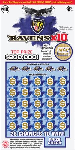 Ravens X10 scratch-off ticket
