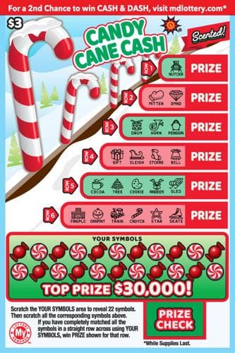 Candy Cane Cash scratch-off ticket