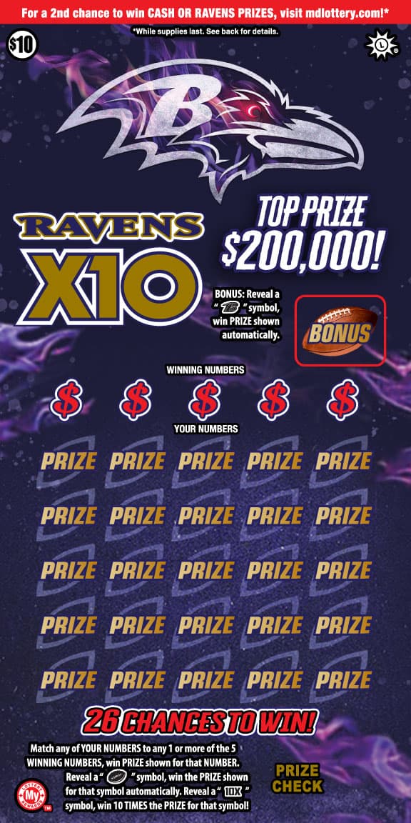 Ravens X10 scratch-off ticket