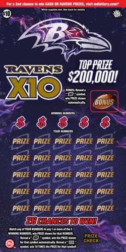 Ravens X10 scratch-off ticket