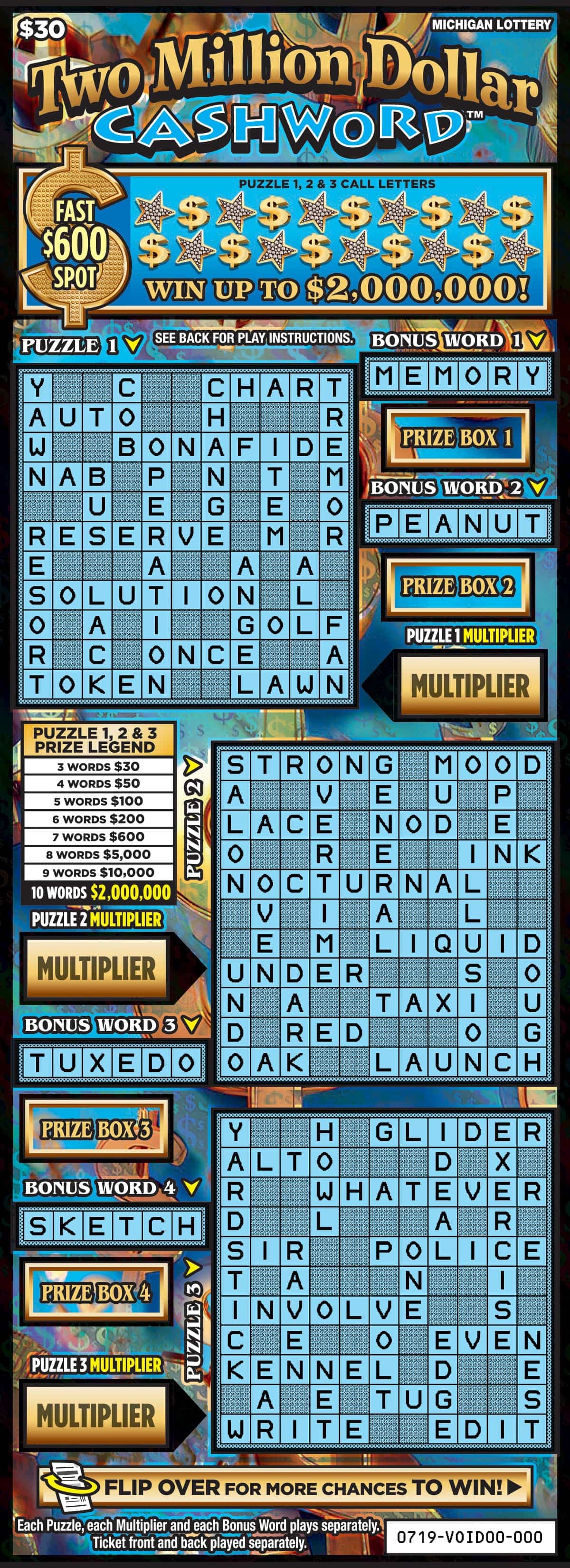 Two Million Dollar Cashword scratch-off ticket