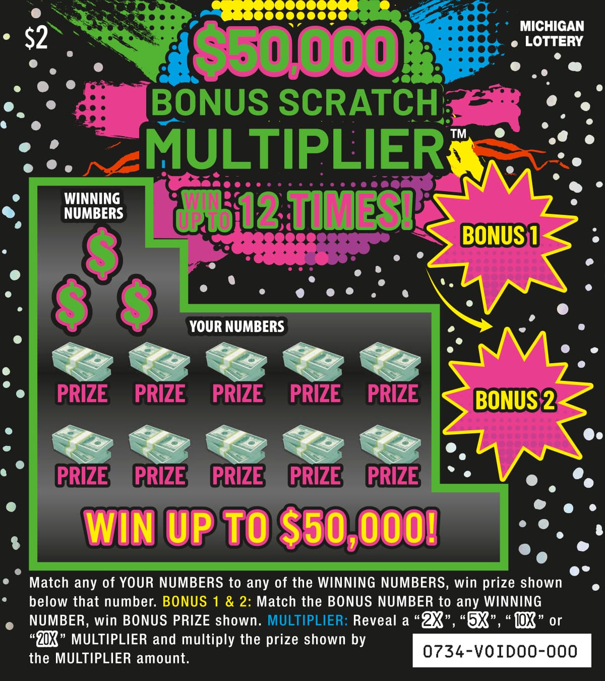 $50,000 Bonus Scratch Multiplier scratch-off ticket