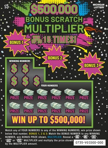 $500,000 Bonus Scratch Multiplier scratch-off ticket
