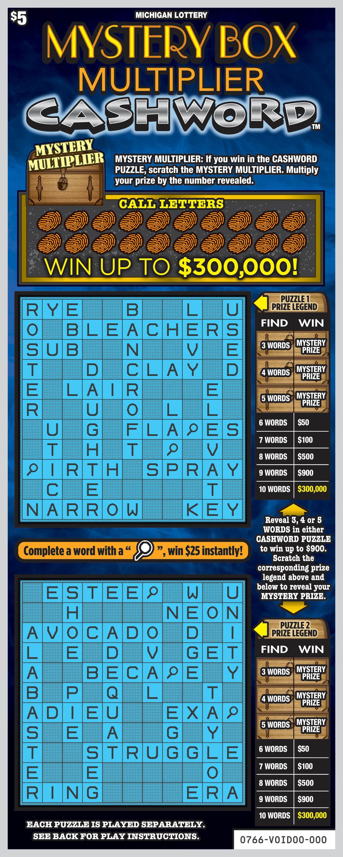 Mystery Box Multiplier Cashword scratch-off ticket