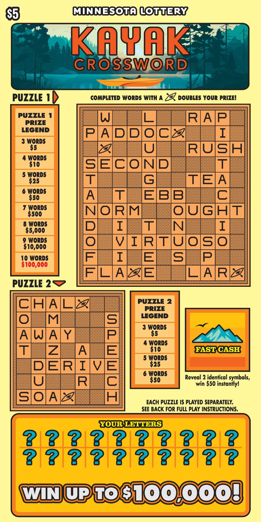 Kayak Crossword scratch-off ticket