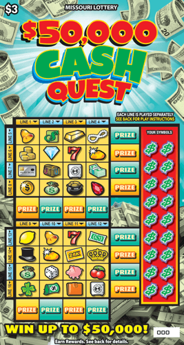 $50,000 CASH QUEST scratch-off ticket