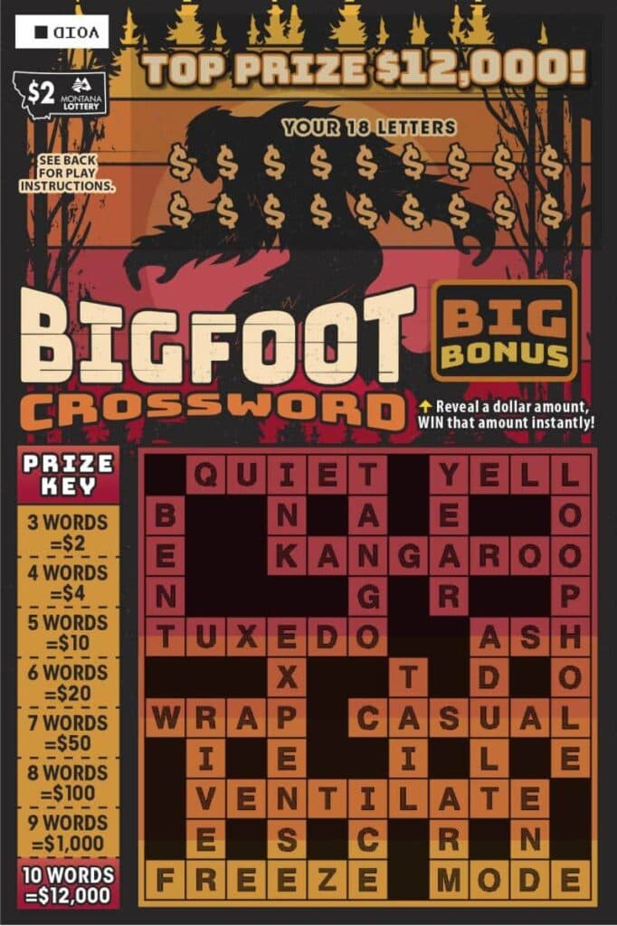 Bigfoot Crossword scratch-off ticket