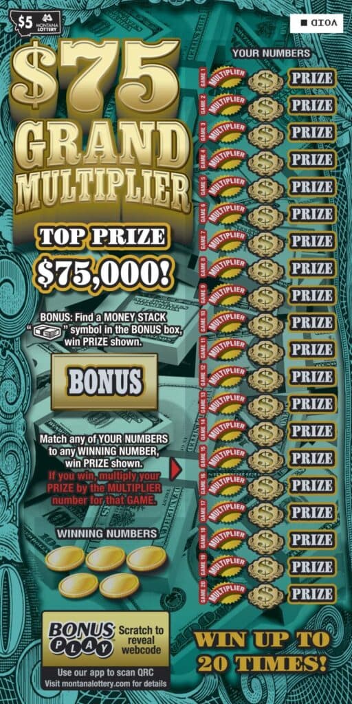 $75 Grand Multiplier scratch-off ticket