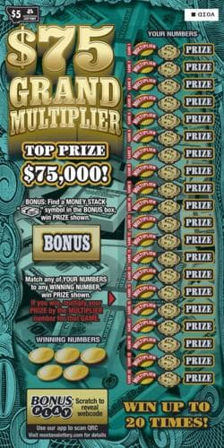 $75 Grand Multiplier scratch-off ticket