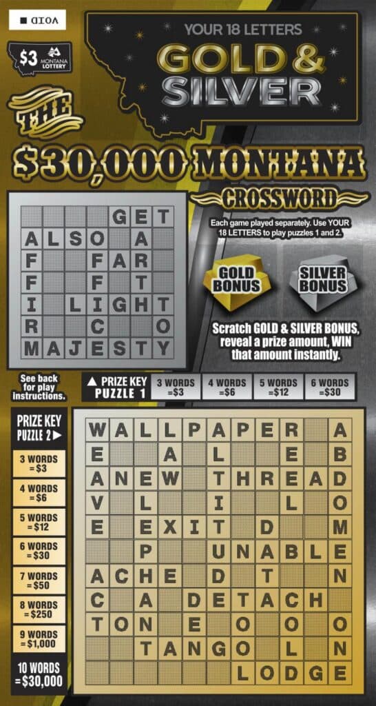 Gold & Silver $30,000 Montana Crossword scratch-off ticket