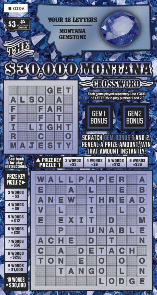 $3 $30,000 Montana Crossword scratch-off ticket