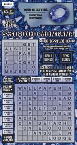 $3 $30,000 Montana Crossword scratch-off ticket