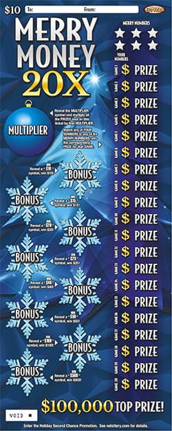 Merry Money 20X scratch-off ticket