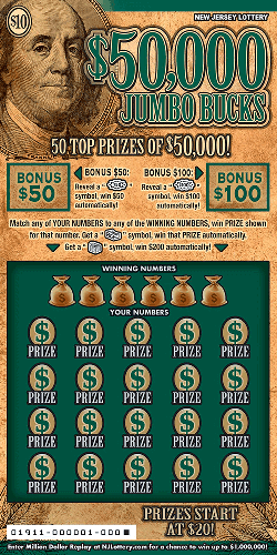 $50,000 Jumbo Bucks scratch-off ticket