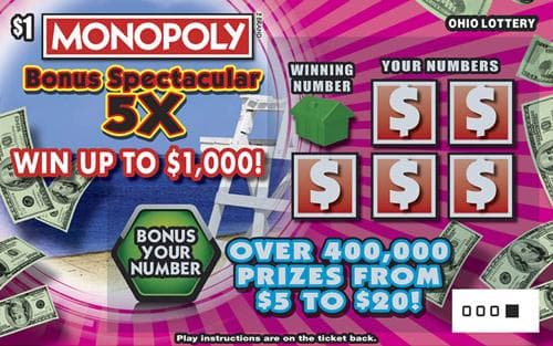 Monopoly Bonus Spectacular 5X scratch-off ticket