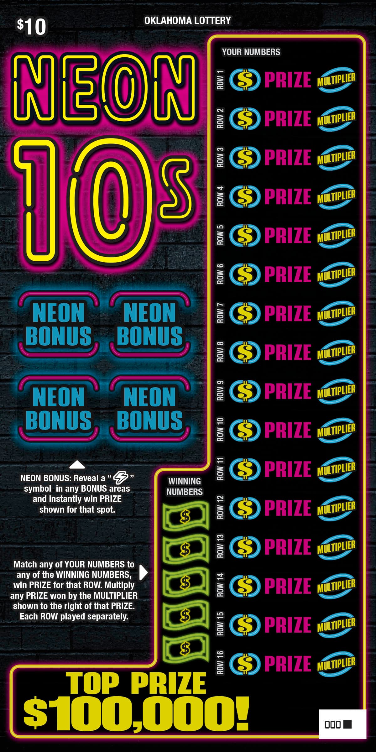 Neon 10s scratch-off ticket