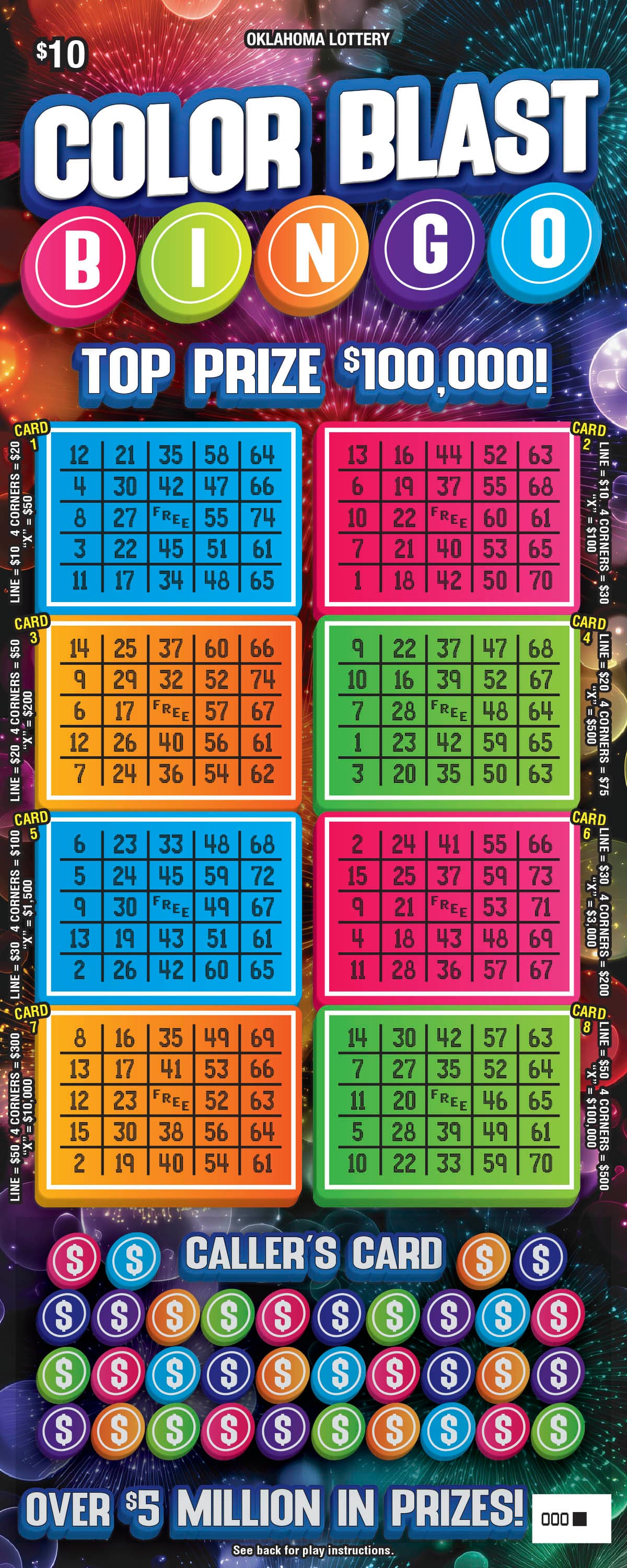 Color Blast Bingo scratch-off ticket