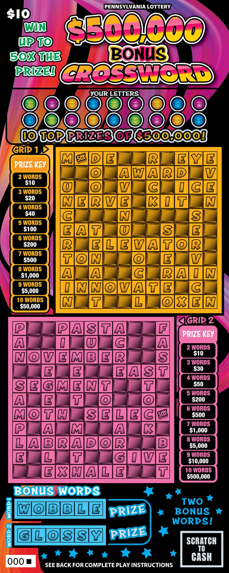 $500,000 Bonus Crossword* scratch-off ticket