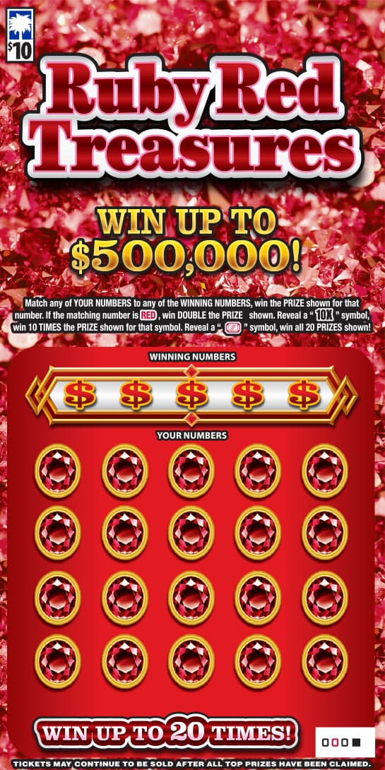 Ruby Red Treasures scratch-off ticket