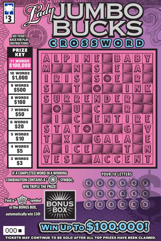 Lady Jumbo Bucks Crossword scratch-off ticket