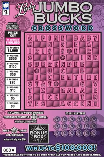 Lady Jumbo Bucks Crossword scratch-off ticket