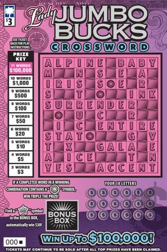 Lady Jumbo Bucks Crossword scratch-off ticket