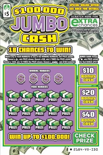 $100,000 Jumbo Cash scratch-off ticket