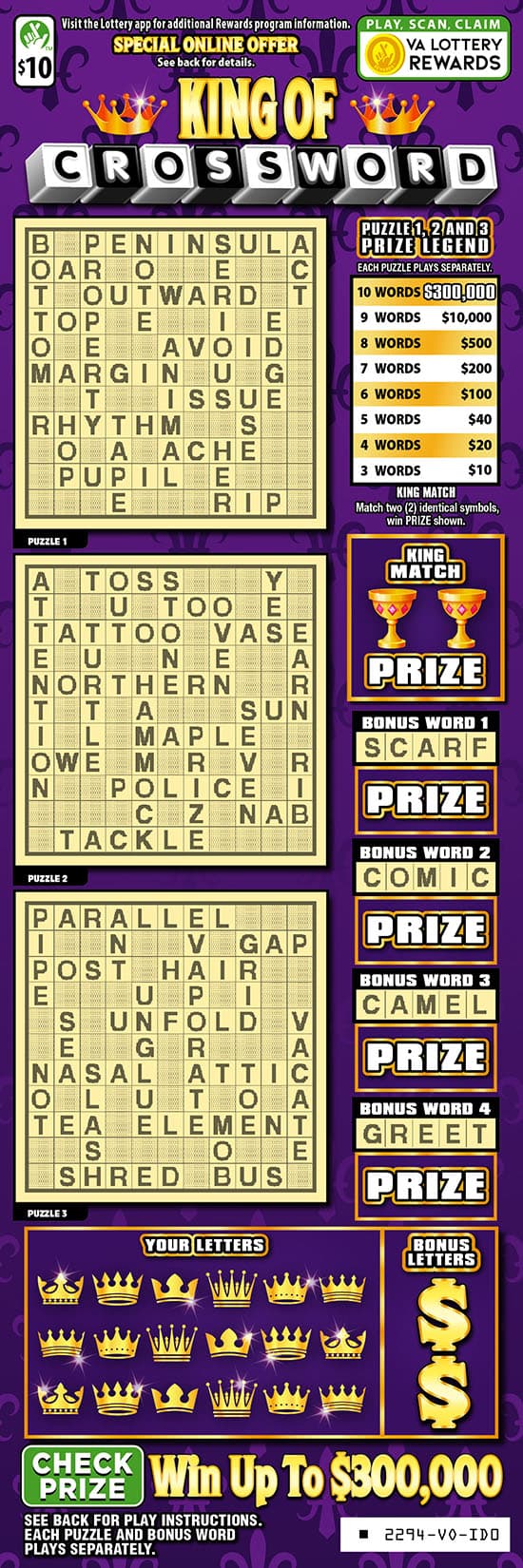 King of Crossword scratch-off ticket