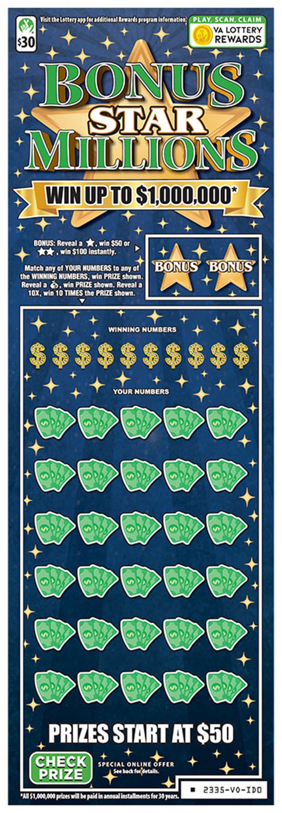 BONUS STAR MILLIONS scratch-off ticket